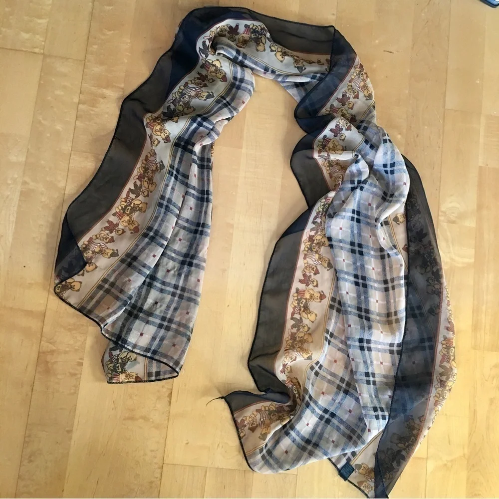 Teddy Bear and Plaid Semi Sheer Scarf, Brown, Tan, Black, Red